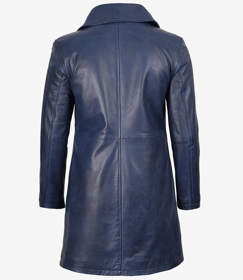 Men's Blue Wax Real Leather 3/4 Length Car Coat