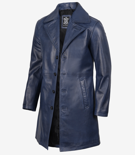 Men's Blue Wax Real Leather 3/4 Length Car Coat