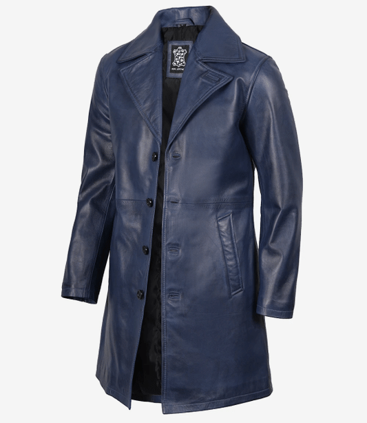 Men's Blue Wax Real Leather 3/4 Length Car Coat
