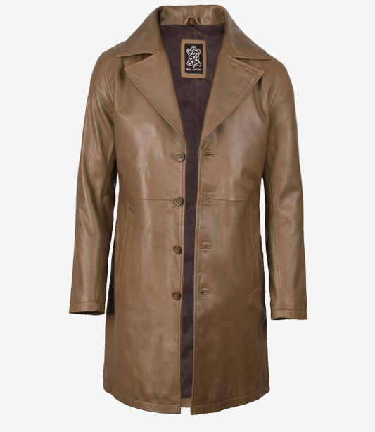 Men's 3/4 Length Brown Leather Car Coat