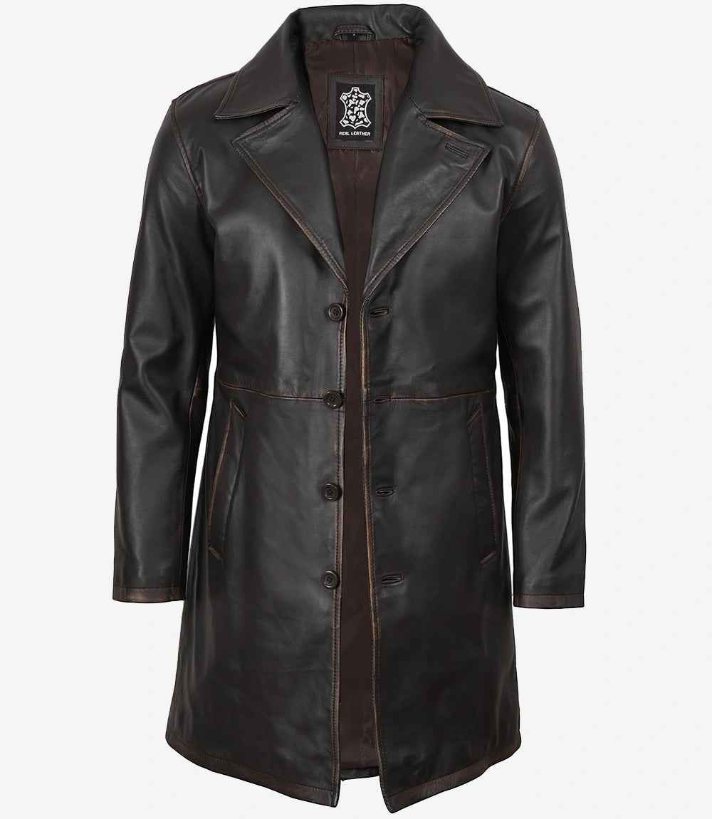 Men's Real Leather 3/4 Length Dark Brown Car Coat