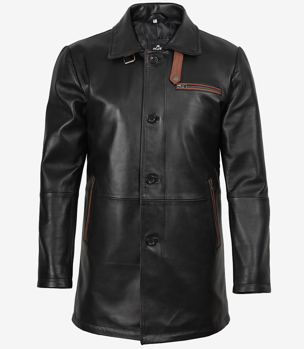 Men Black Real Leather 3/4 Length Car Coat