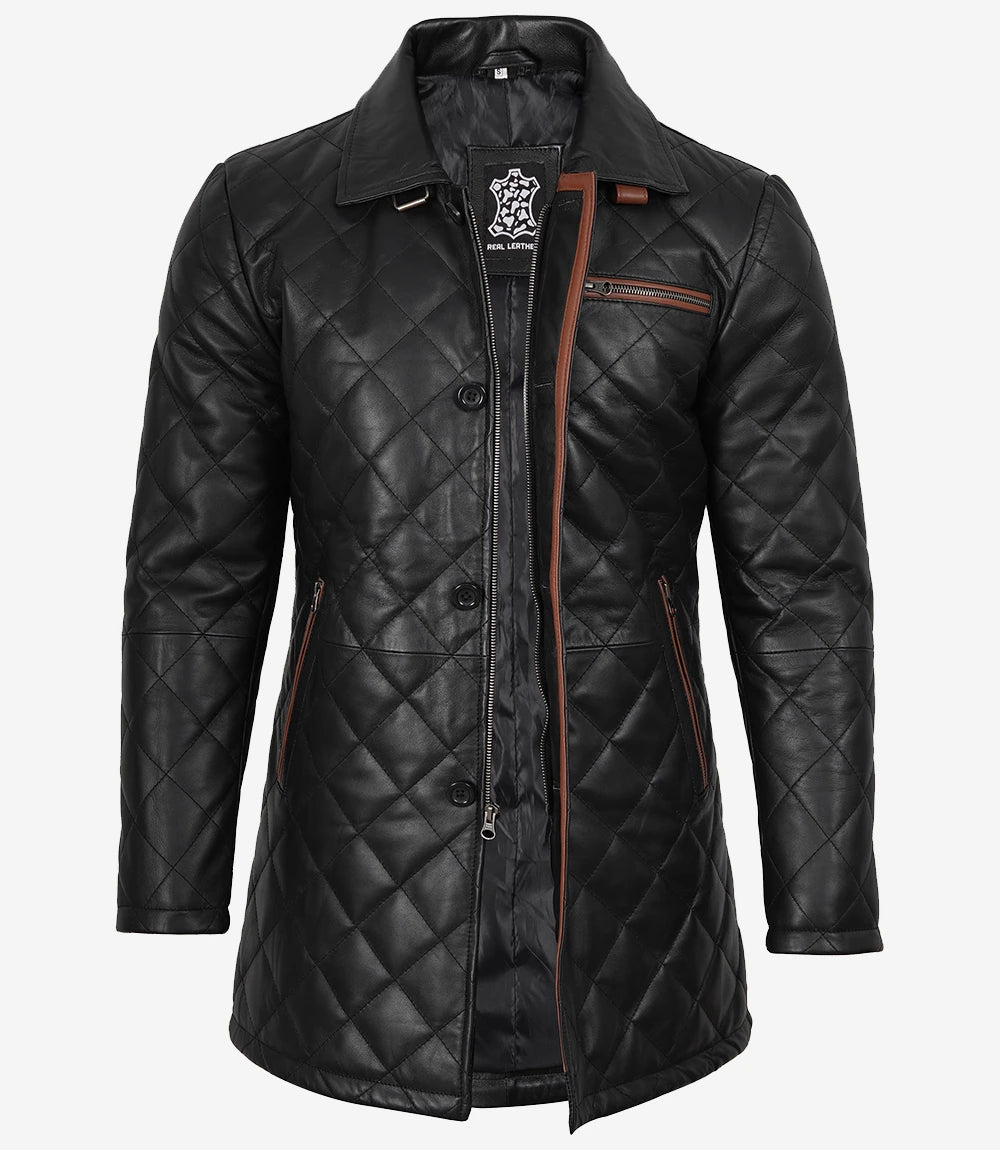 Men's Black Diamond Quilted Leather Car Coat