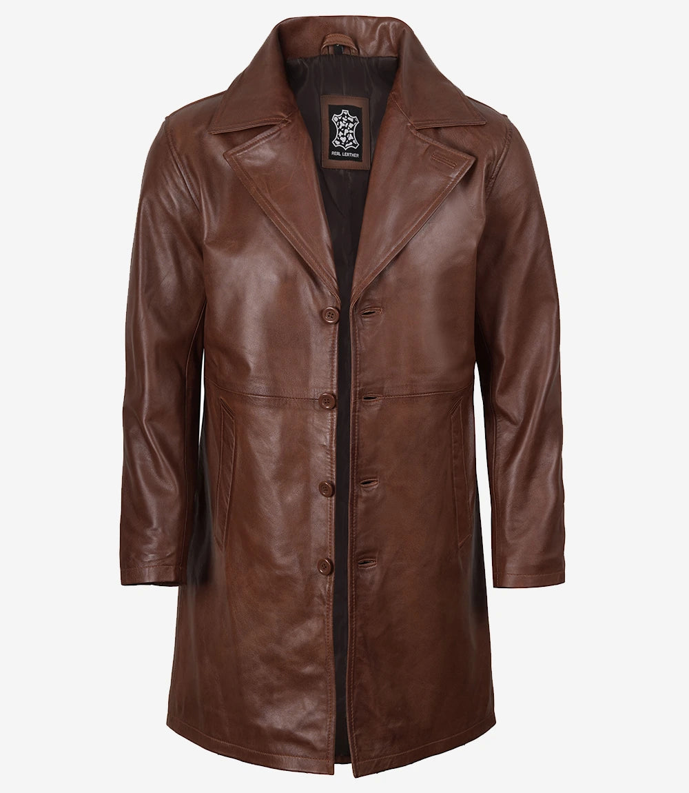 Men's Cognac Brown Real Leather Car Coat