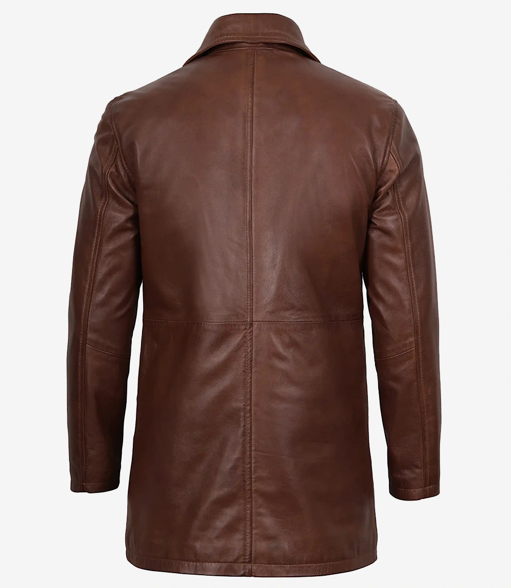 Men's Cognac Wax 3/4 Length Leather Car Coat