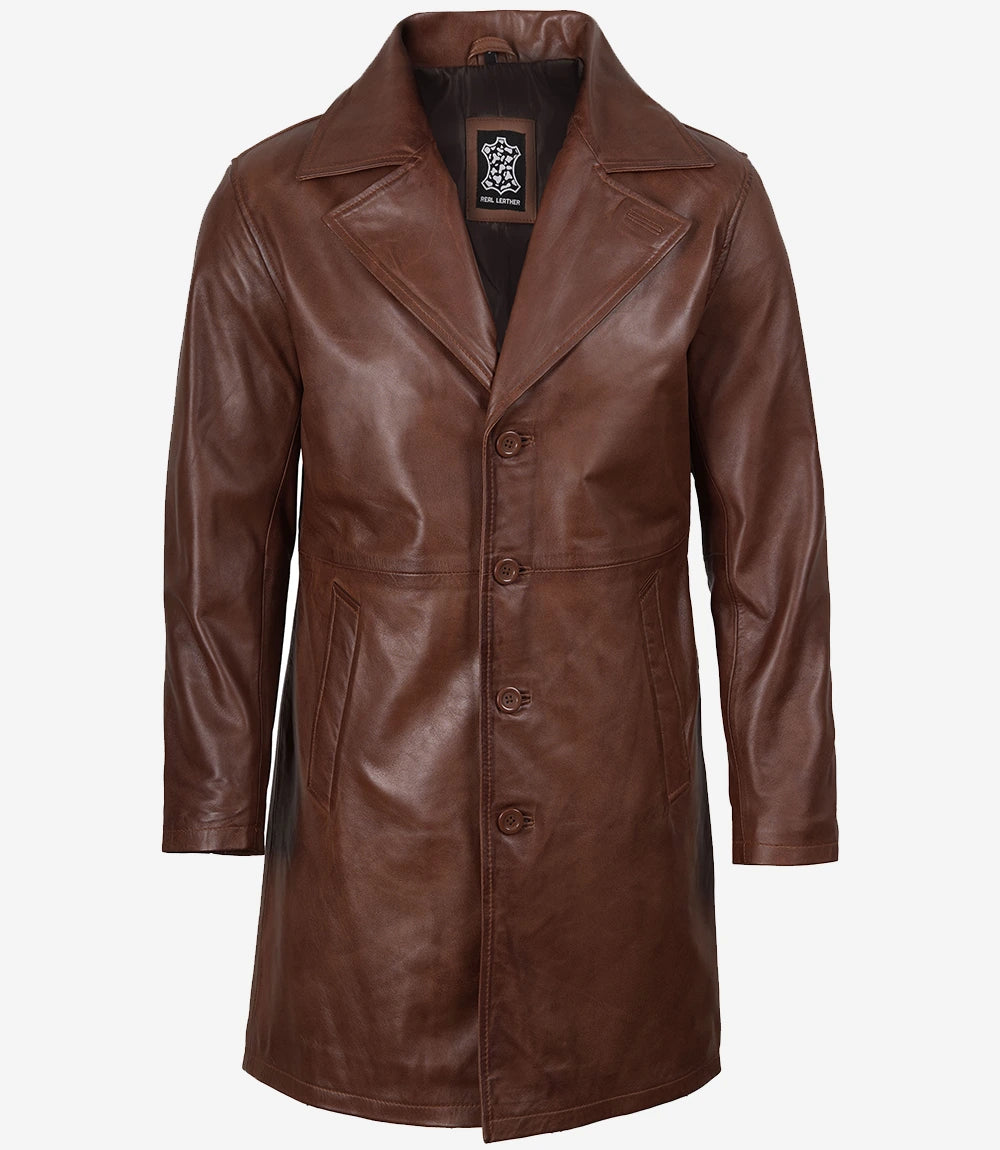 Men's Cognac Brown Real Leather Car Coat