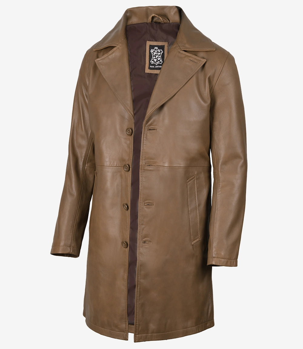 Men's 3/4 Length Brown Leather Car Coat