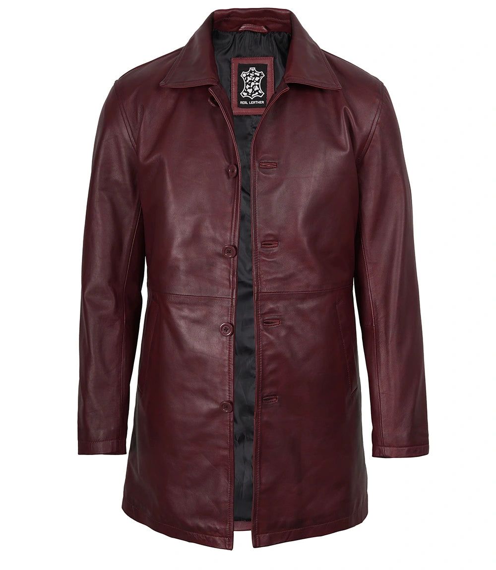 Men's Burgundy Real Lambskin Leather Car Coat