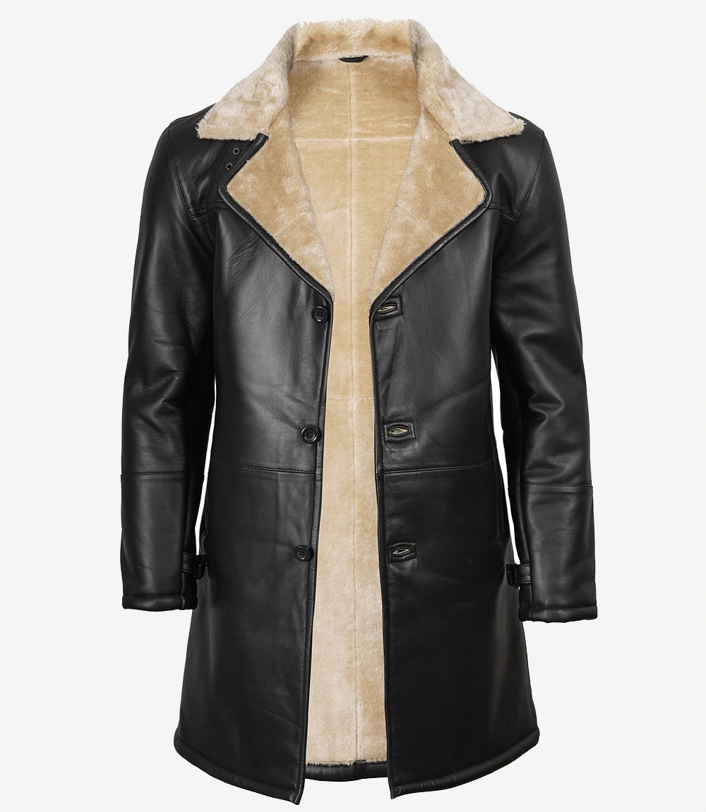 Men Black Leather Shearling Coat with Beige Faux Shearling