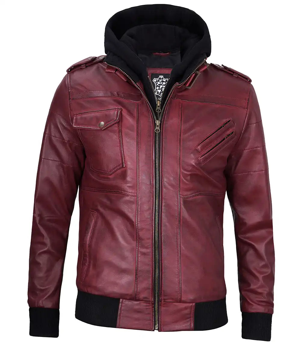 Men's Burgundy Bomber Leather Jacket with Removable Hood
