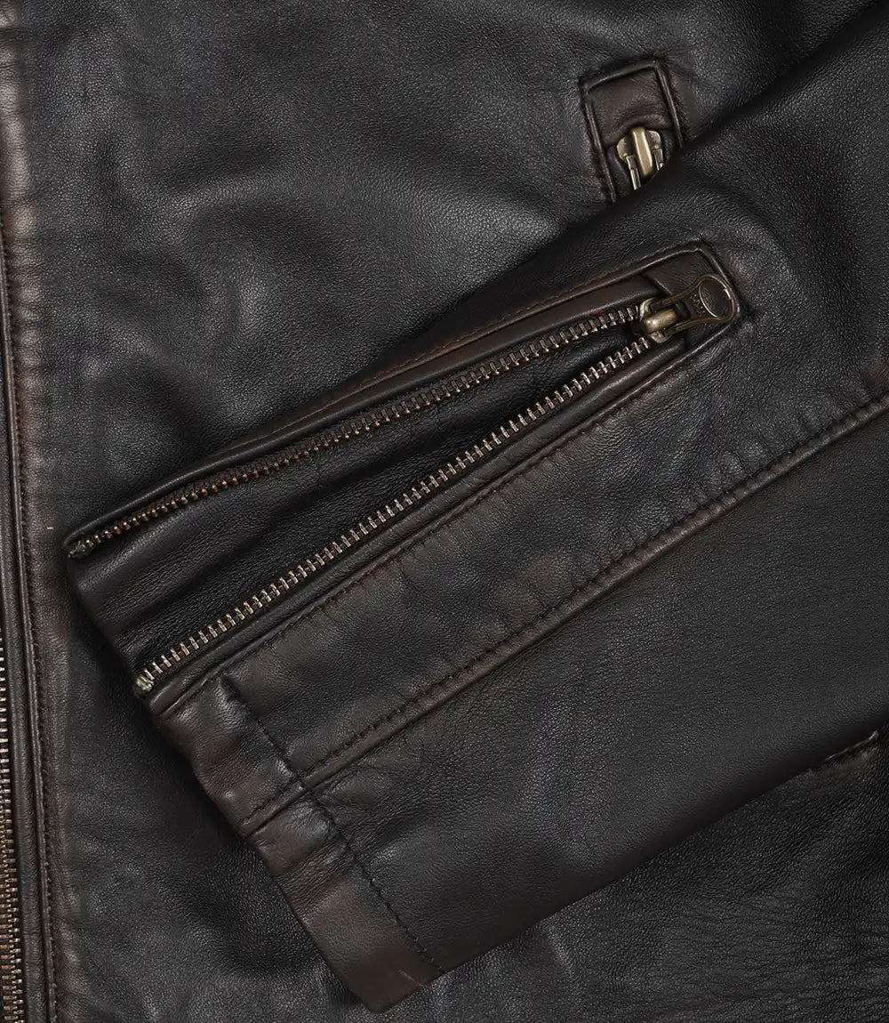 Men's Dark Brown Vintage Leather Biker Jacket with Racing Stripes