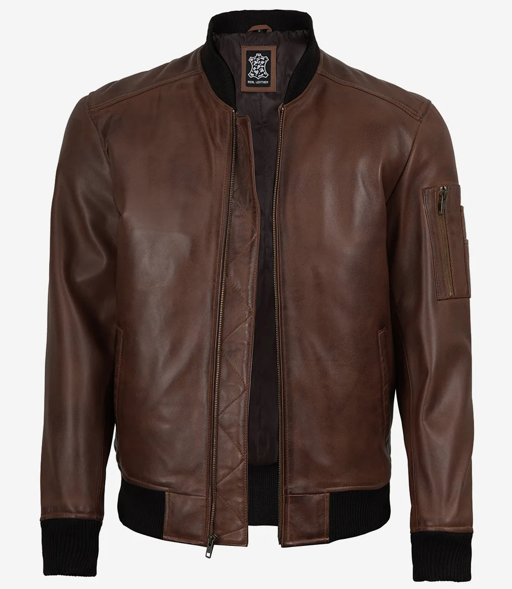 Men's Cognac Brown Leather Flight Jacket - Lambskin Bomber Style