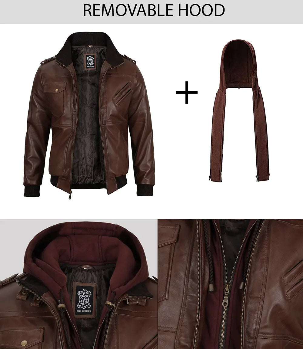 Men's Tall Dark Brown Leather Bomber Jacket With Hood