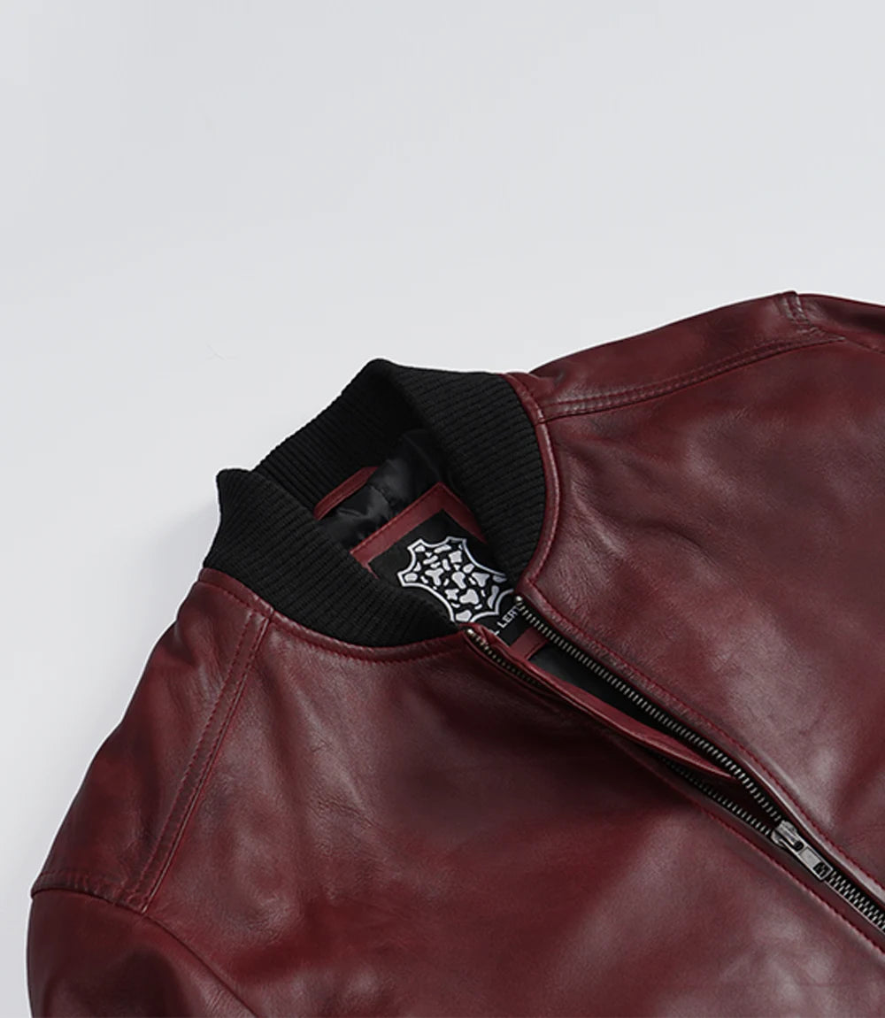 Men's Burgundy Lambskin Leather Flight Jacket - Bomber Style
