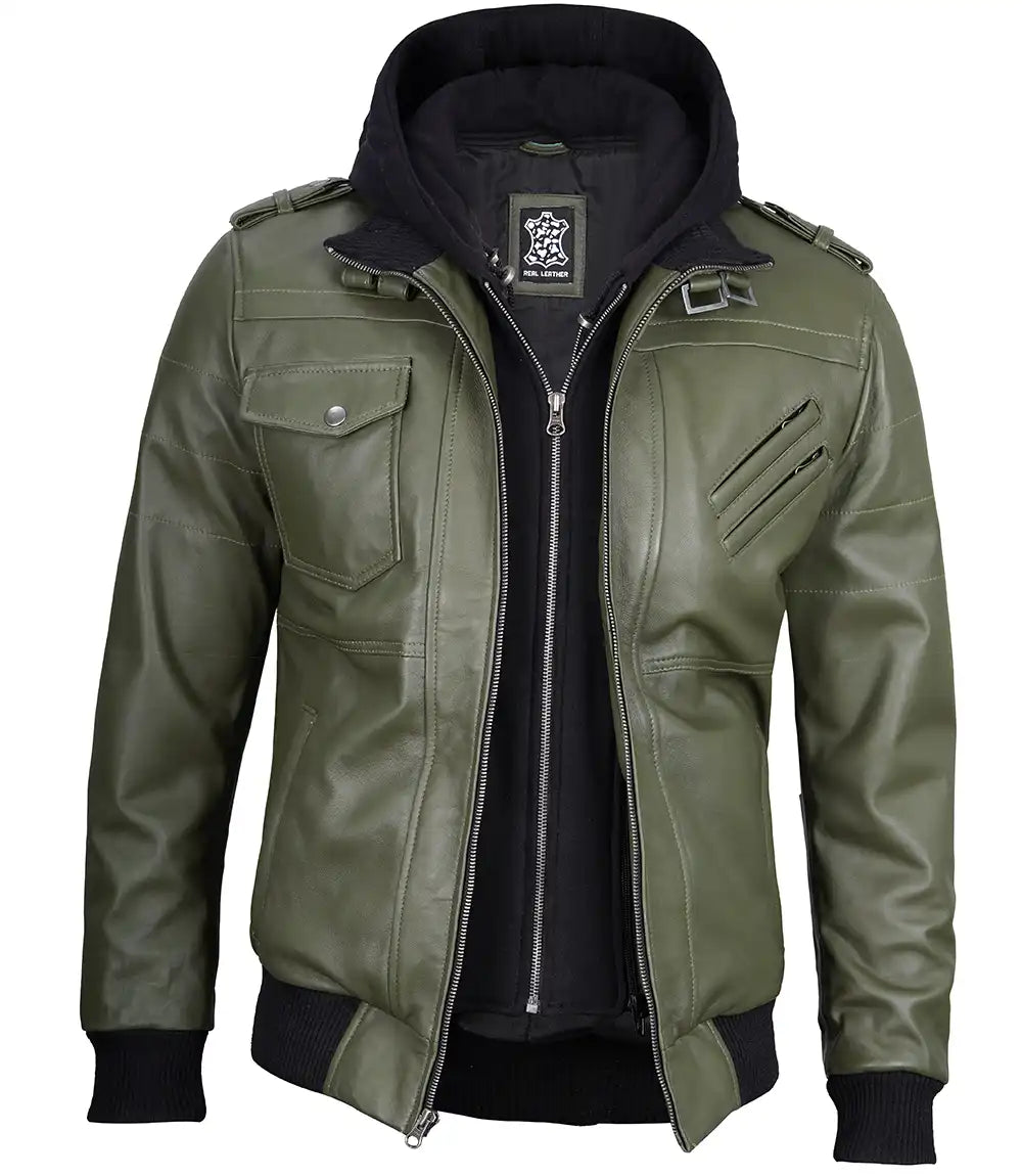 Men's Military Green Waxed Leather Jacket with Removable Hood