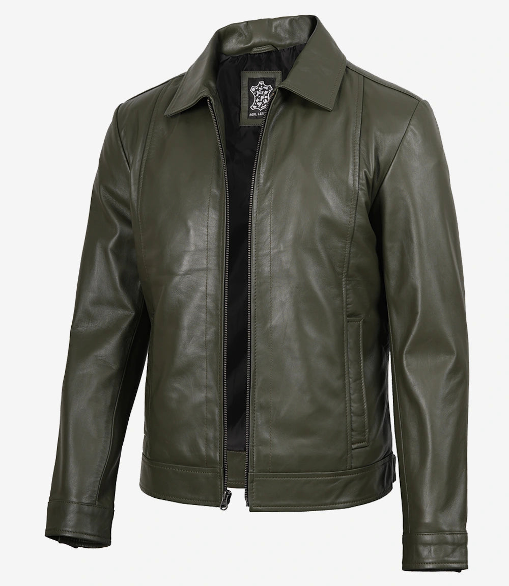 Men's Harrington Olive Green Leather Jacket