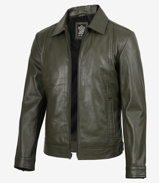 Men's Harrington Olive Green Leather Jacket