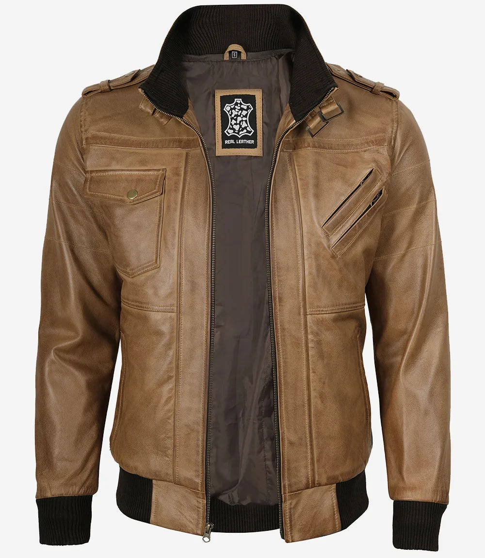 Men's Camel Brown Leather Jacket with Removable Hood