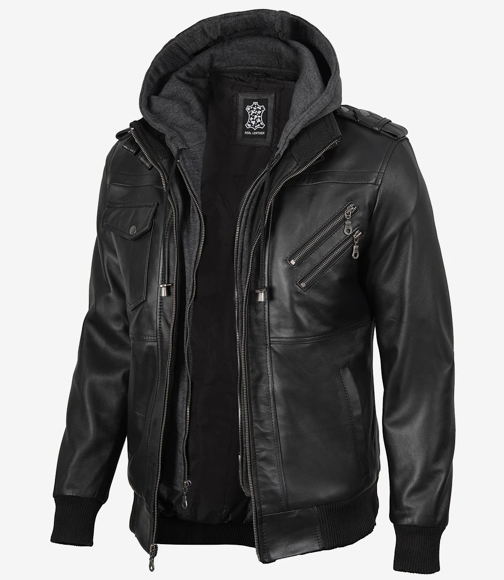 Black Bomber Men's Leather Jacket — with Removable Hood