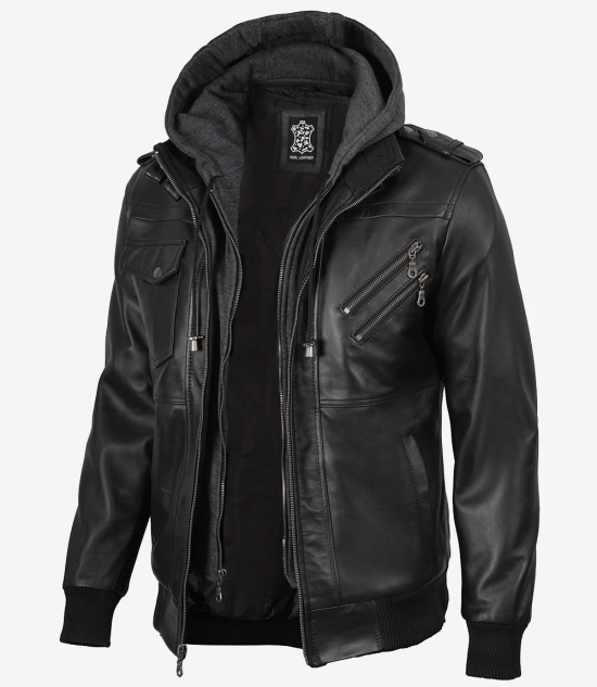 Black Bomber Men's Leather Jacket — with Removable Hood