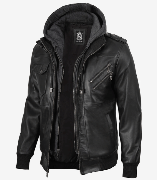 Black Bomber Men's Leather Jacket — with Removable Hood