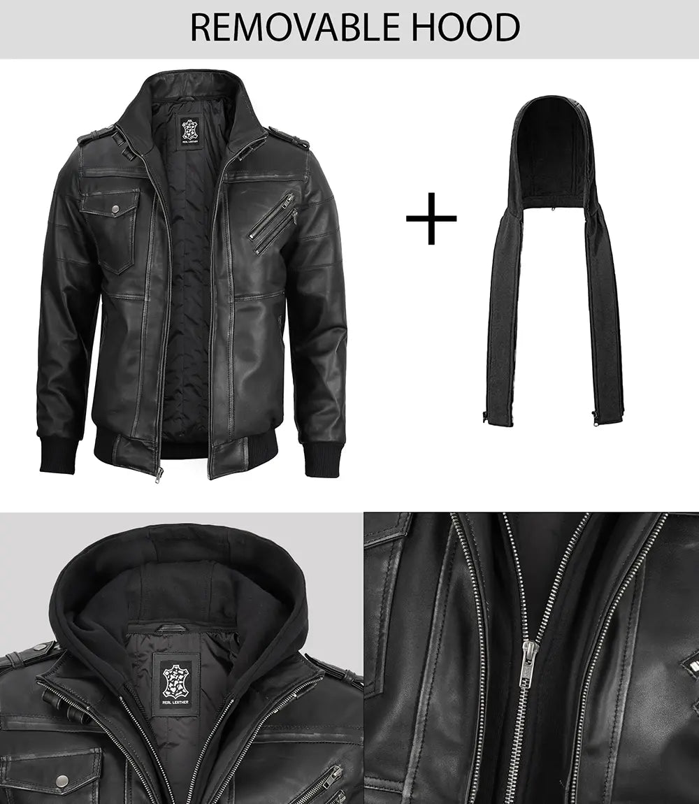 Men's Dark Gray Leather Bomber Jacket with Removable Hood