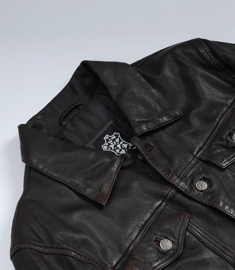 Men's Maroon Distressed Black Washed Leather Jacket - Trucker Style