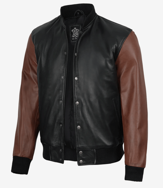 Men's Black & Cognac Leather Letterman Varsity Jacket