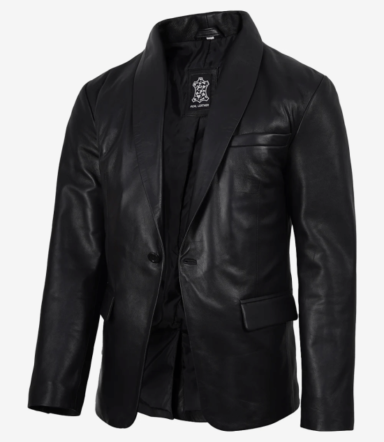 Men's Black Lambskin Leather Blazer Shawl Lapel - Single Button