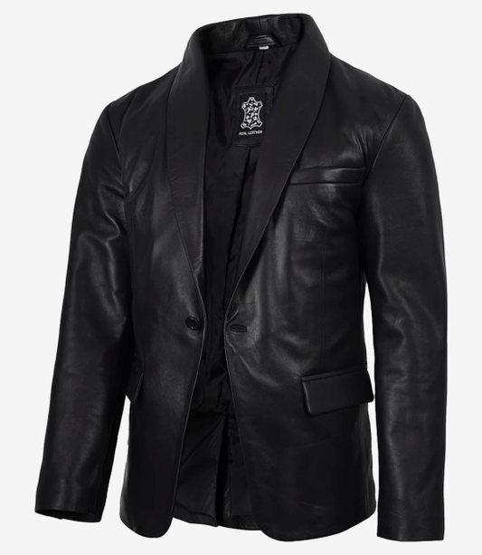 Men's Black Lambskin Leather Blazer Shawl Lapel - Single Button