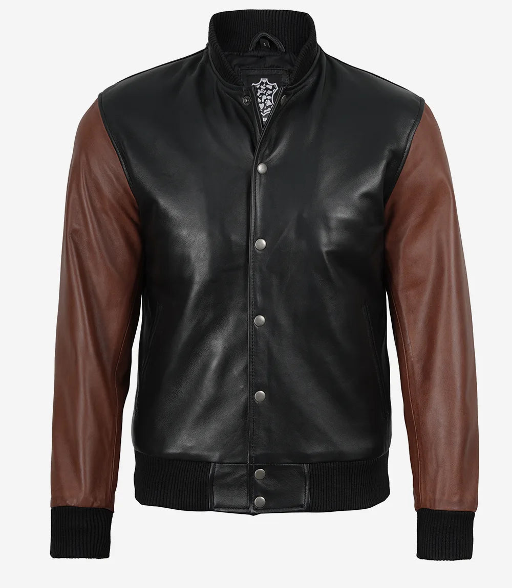Men's Black & Cognac Leather Letterman Varsity Jacket