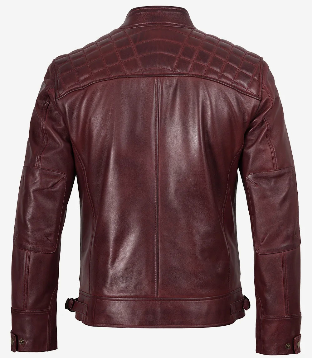 Men’s Burgundy Quilted Leather Biker Style Jacket — Waxed