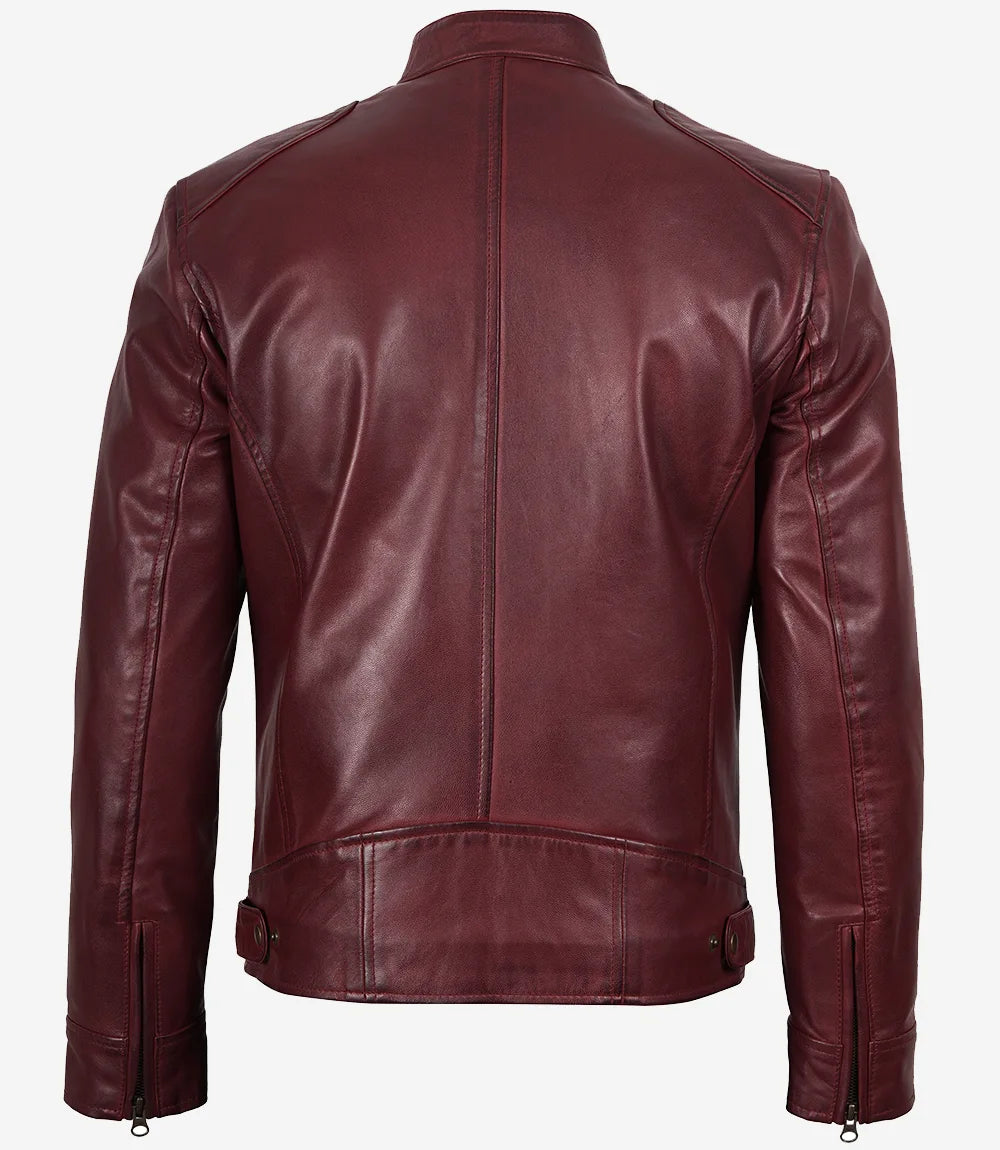 Men's Burgundy Cafe Racer Leather Jacket