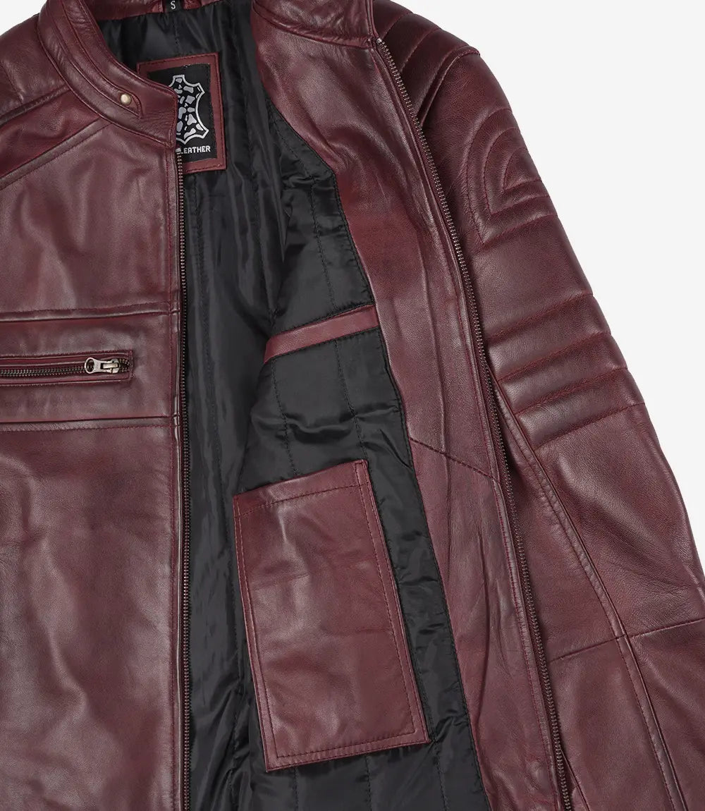 Men's Burgundy Cafe Racer Style Real Leather Jacket