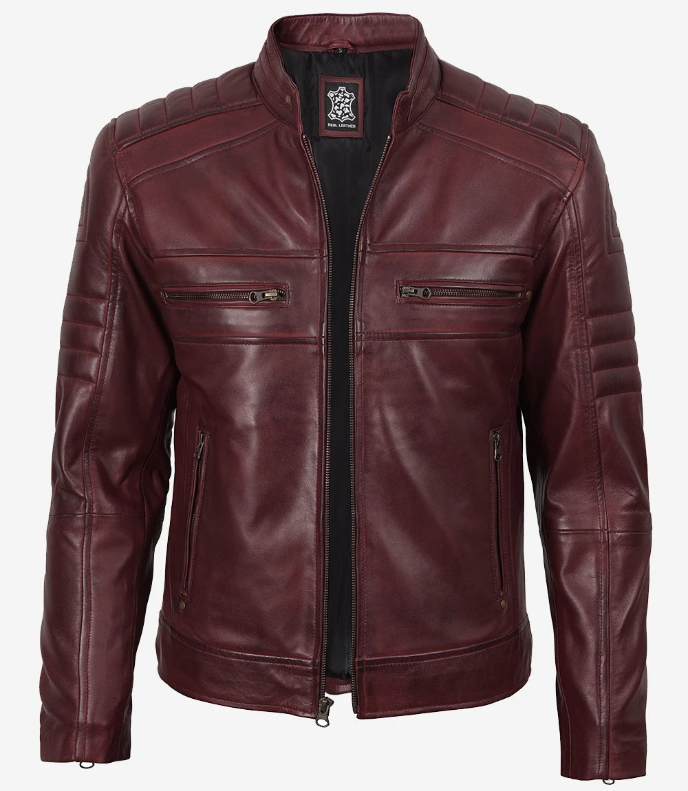 Men's Burgundy Cafe Racer Style Real Leather Jacket