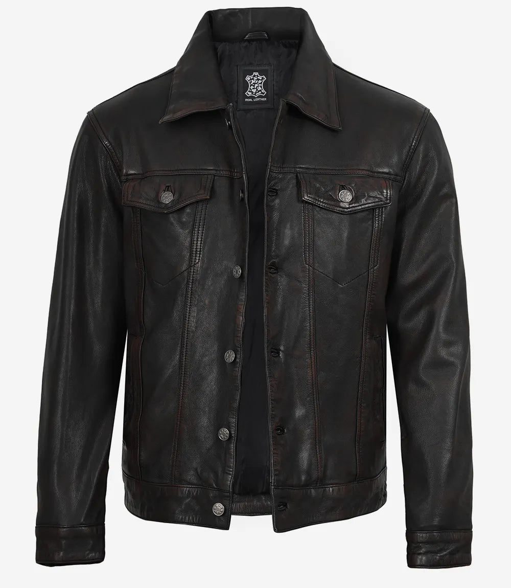 Men's Maroon Distressed Black Washed Leather Jacket - Trucker Style
