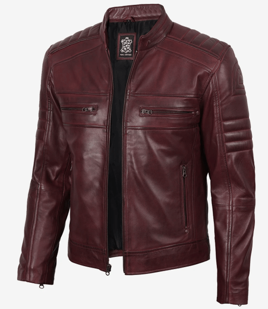 Men's Burgundy Cafe Racer Style Real Leather Jacket