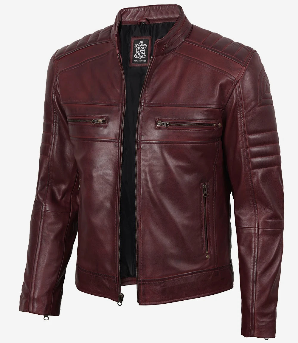 Men's Burgundy Cafe Racer Style Real Leather Jacket