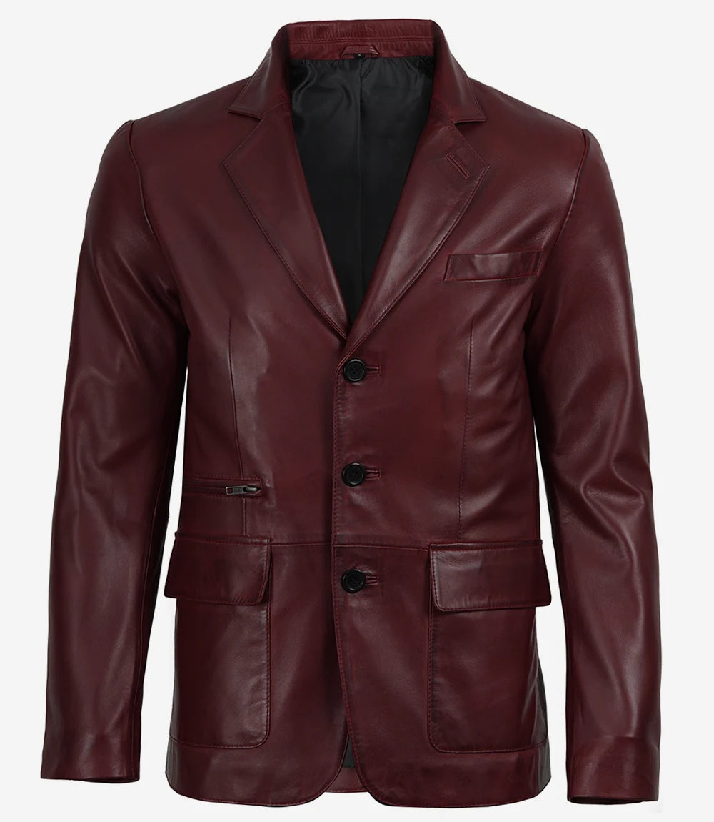 Men's Burgundy Lambskin Leather Blazer - Three Button Style