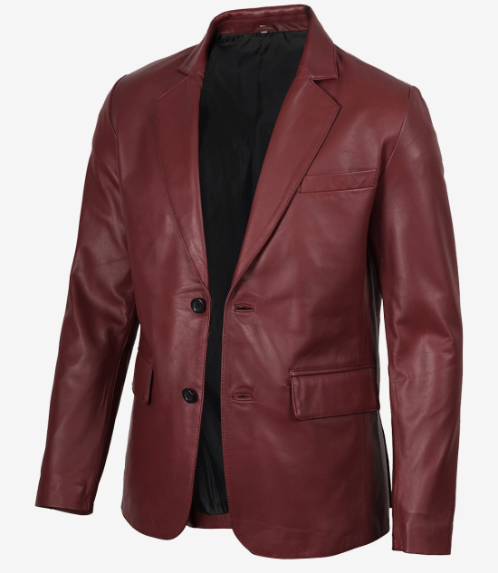 Men's Burgundy Real Leather Blazer Jacket