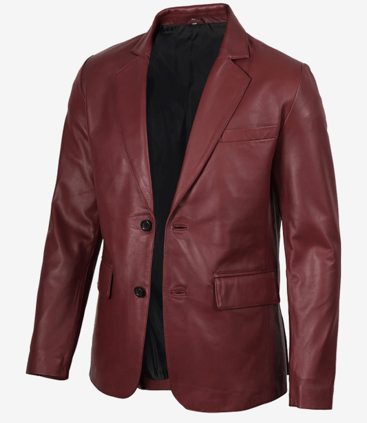Men's Burgundy Real Leather Blazer Jacket