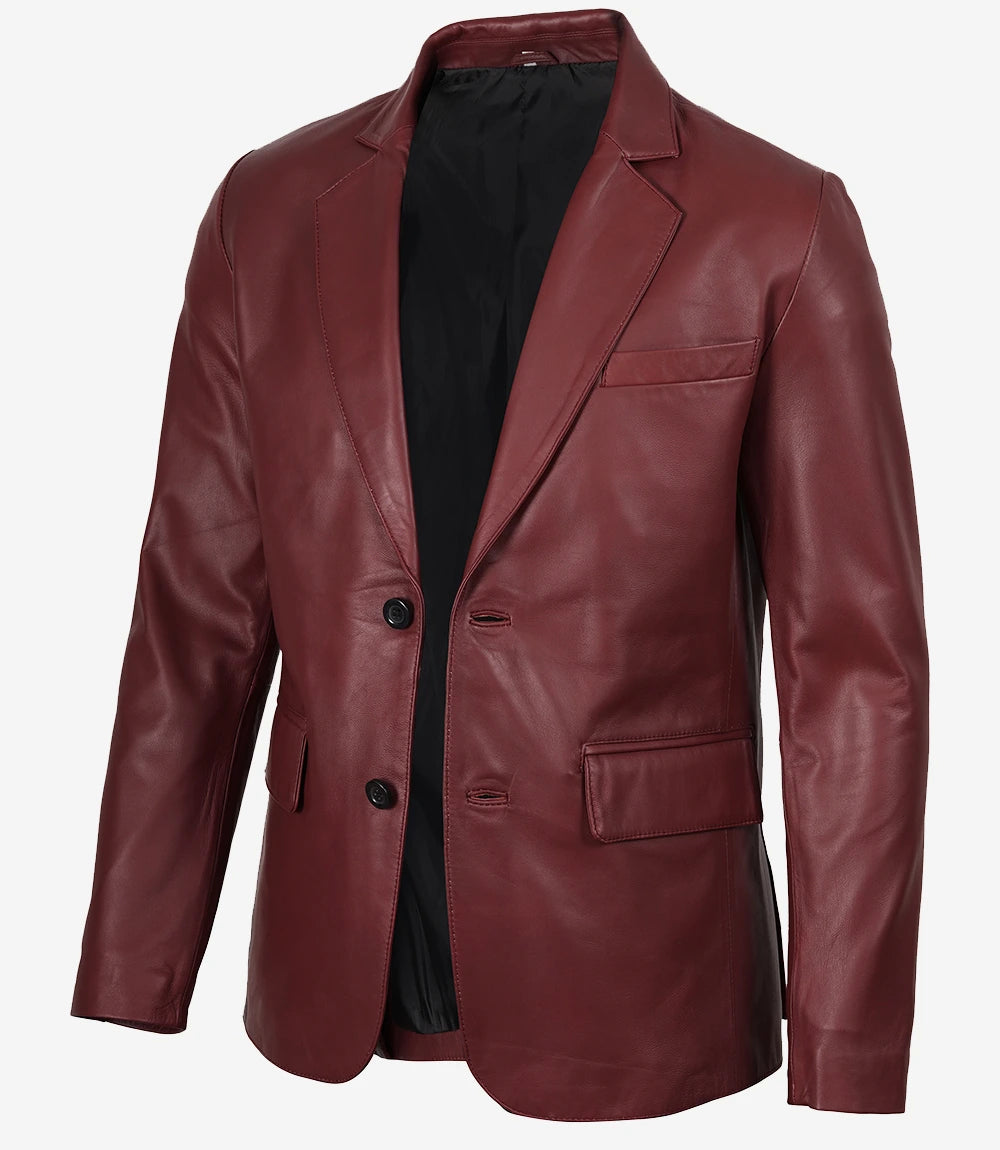 Men's Burgundy Real Leather Blazer Jacket