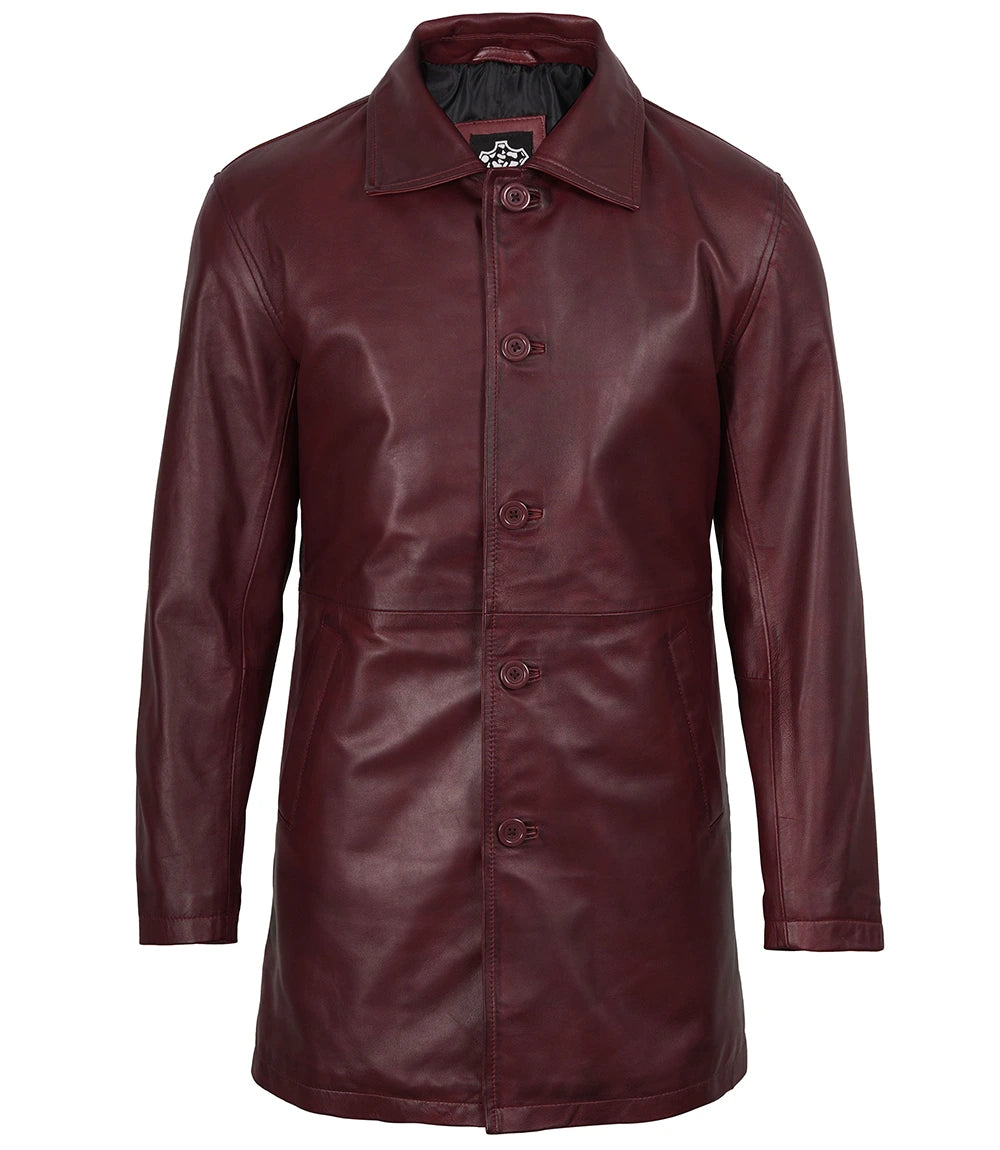 Men's Burgundy Real Lambskin Leather Car Coat