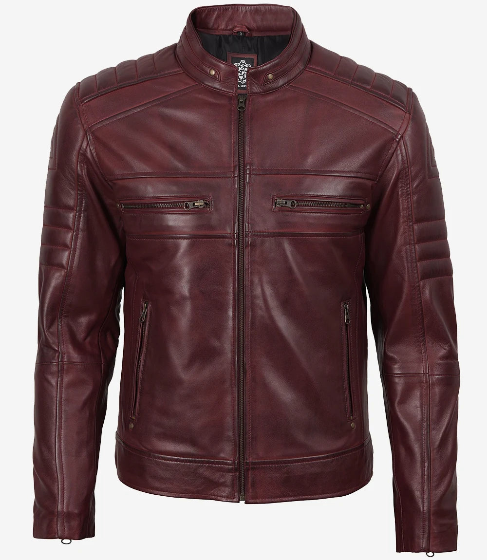 Men's Burgundy Cafe Racer Style Real Leather Jacket