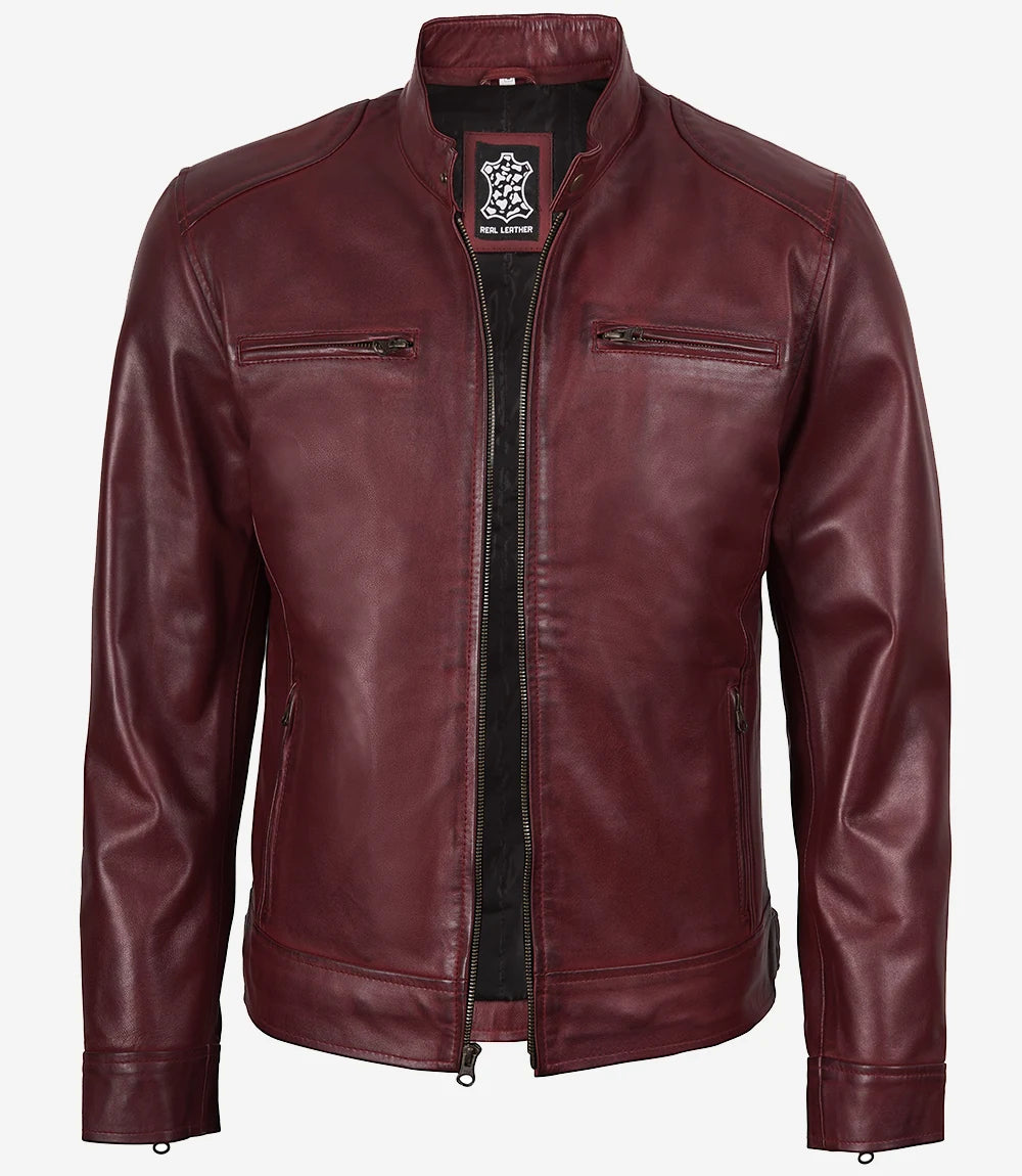 Men's Burgundy Cafe Racer Leather Jacket