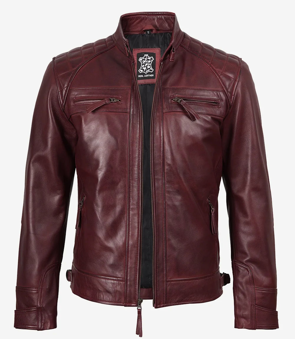 Men’s Burgundy Quilted Leather Biker Style Jacket — Waxed
