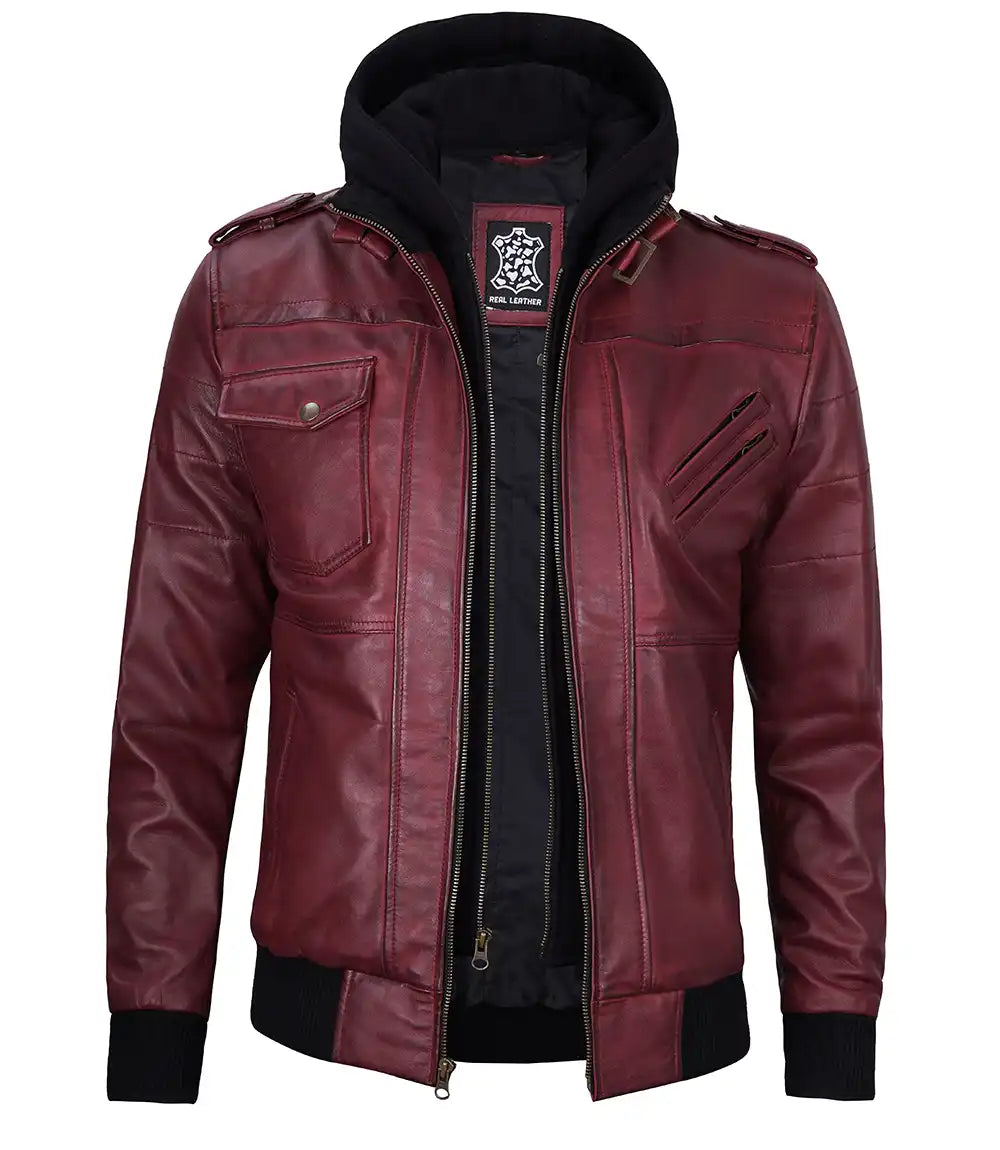 Men's Burgundy Bomber Leather Jacket with Removable Hood