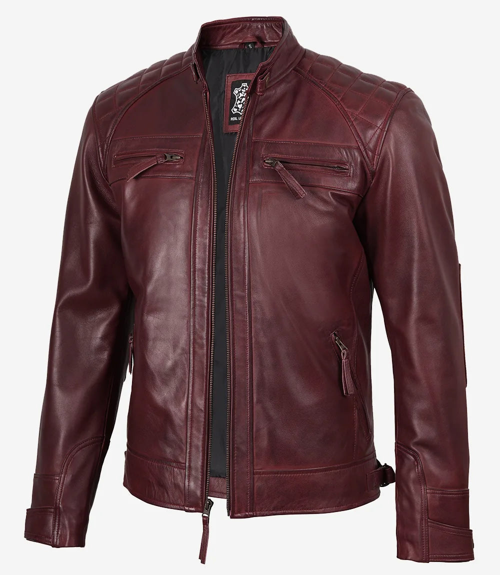 Men’s Burgundy Quilted Leather Biker Style Jacket — Waxed