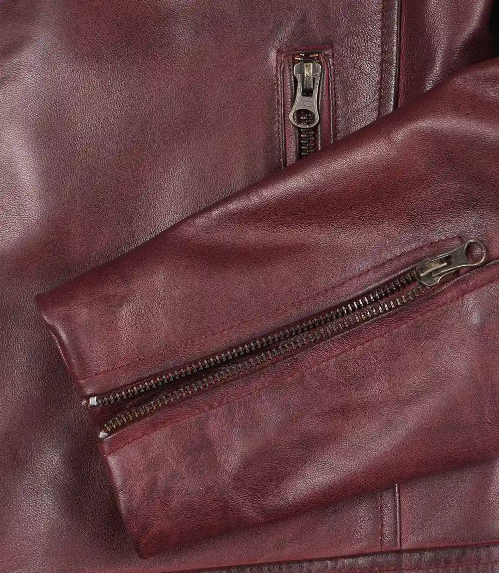 Men's Burgundy Cafe Racer Style Real Leather Jacket