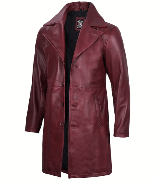 Men's Burgundy 3/4 Real Leather Car Coat